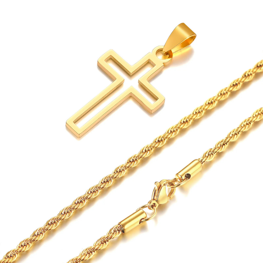 Hollow Cross Necklace Rope Chain | Waterproof Stainless Steel Cross Pendant