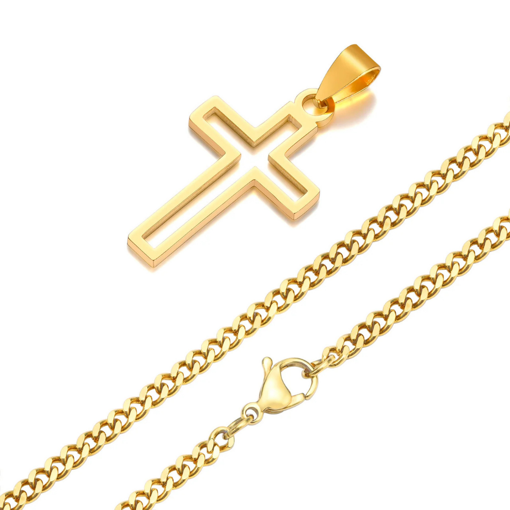 Hollow Cross Necklace Cuban Chain | Waterproof Stainless Steel Cross Pendant