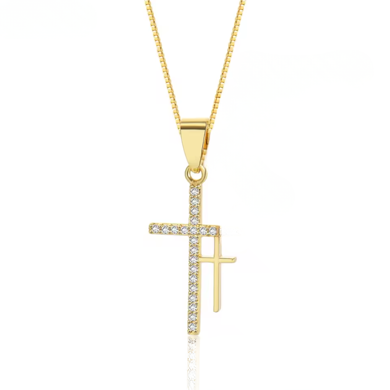 Diamond Double Cross Pendant Necklace Gold plated