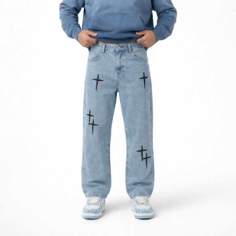 Relaxed Fit Denim Jeans with Crosses | Y2K Streetwear