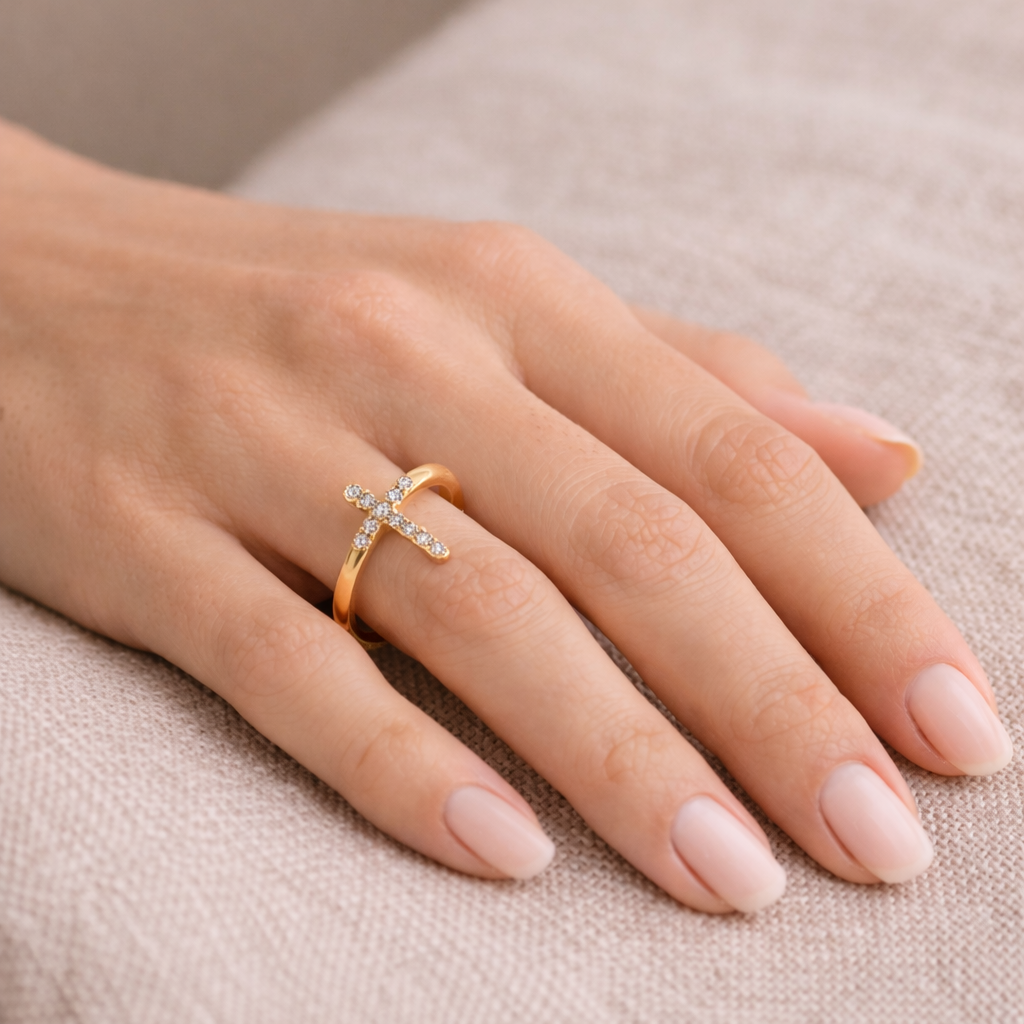 Diamond Cross Ring Adjustable | Stainless Steel | Zirconia