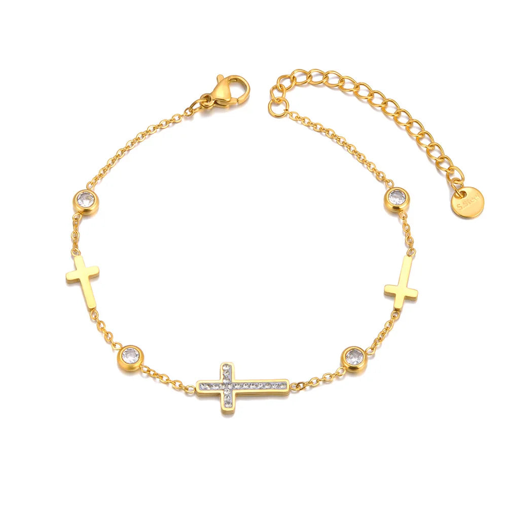 Stainless Steel Diamond Cross Charm Bracelet For Women | Gold Plated | Zirconia