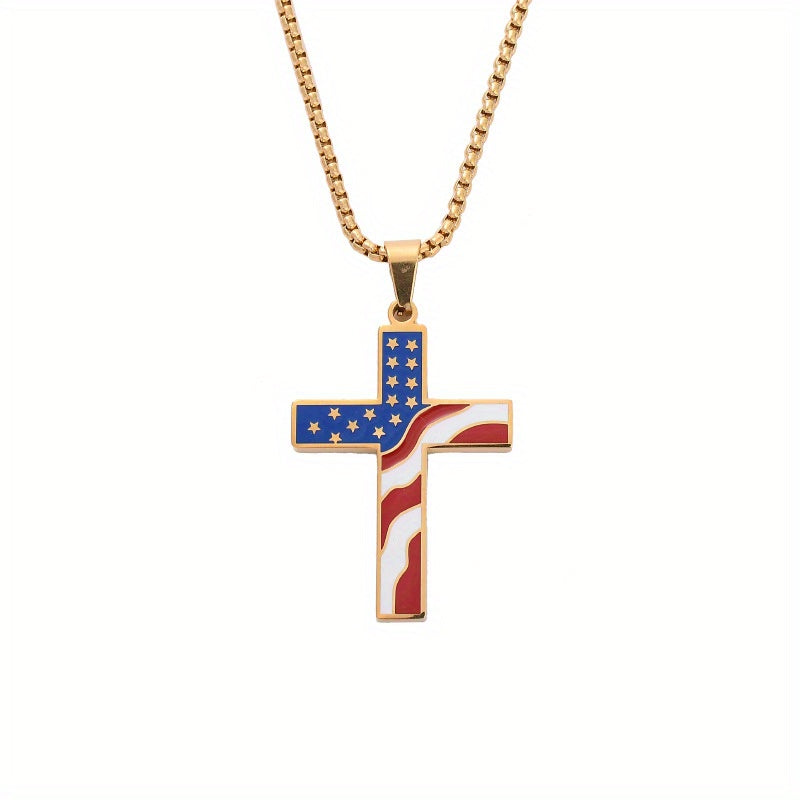 American Flag Patriotic Cross Pendant Necklace